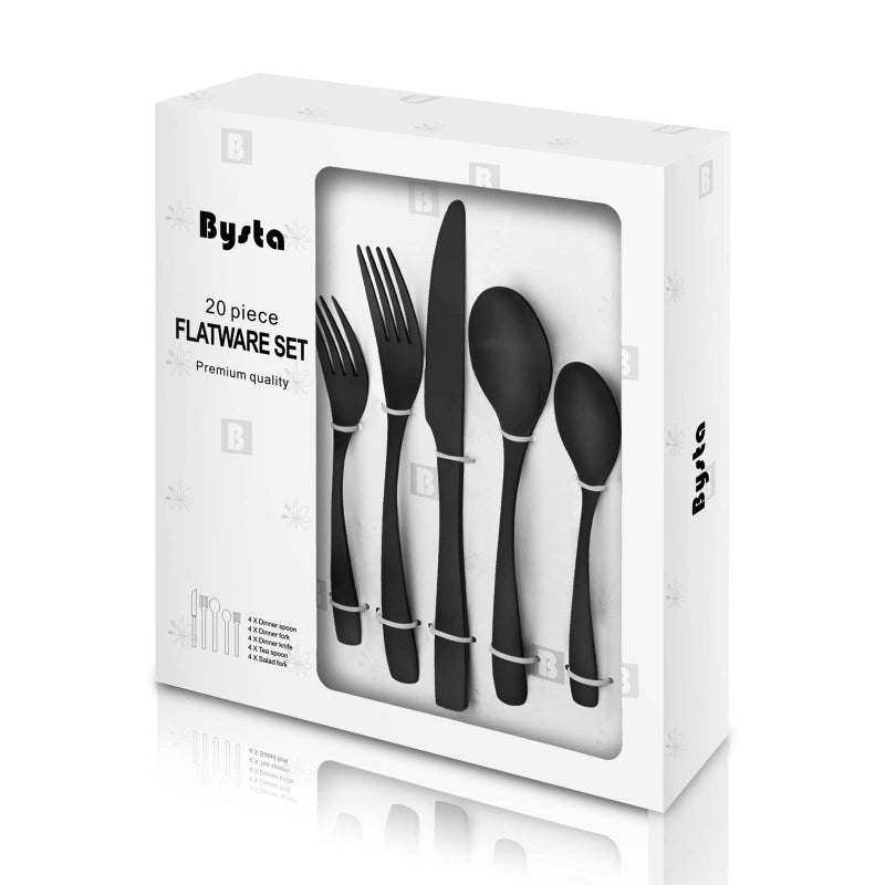 Bysta Matte Black Silverware Set, Bysta 20-Piece Stainless Steel Flatware Cutlery Set for 4, Satin Finish, Dishwasher Safe, Nice Box Package - Image 1